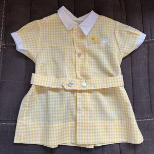 Vintage 1980’s  Yellow Baby Dress With Pearl Colored Buttons Checked Baby Chick